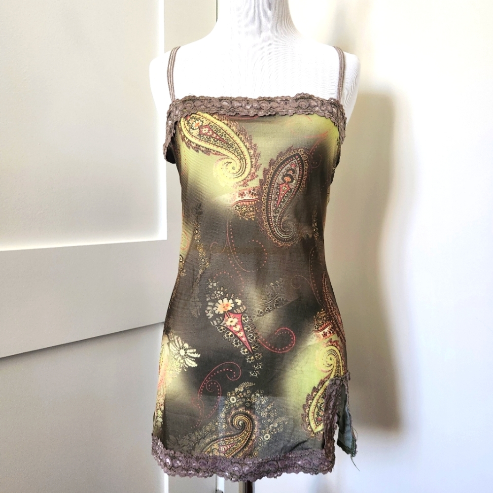 Vintage L8ter Olive green/red paisley slip tunic tank top w/ lace trim Size MJ